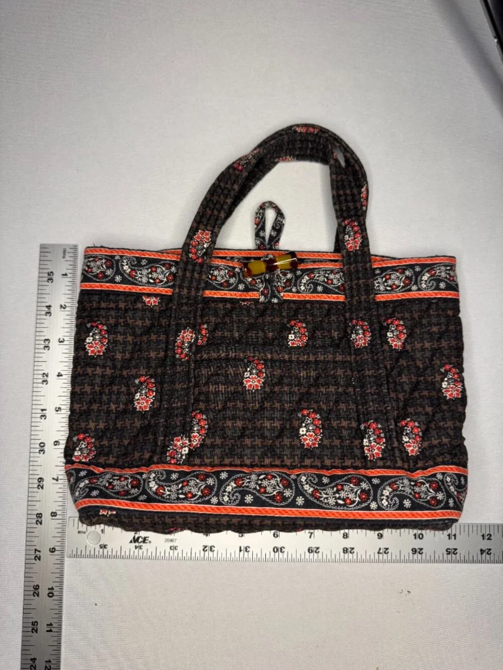 Vera Bradley Vintage Houndstooth Small Tote Handbag Brown Red Floral Retired